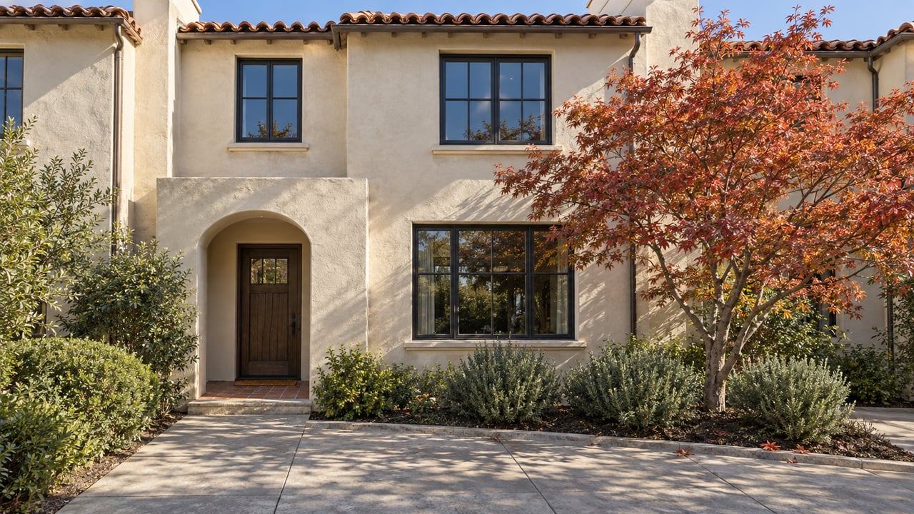Ivory stucco townhome with red clay roof tiles, black-framed windows and an oak entry door beside a copper-leaved Japanese maple.