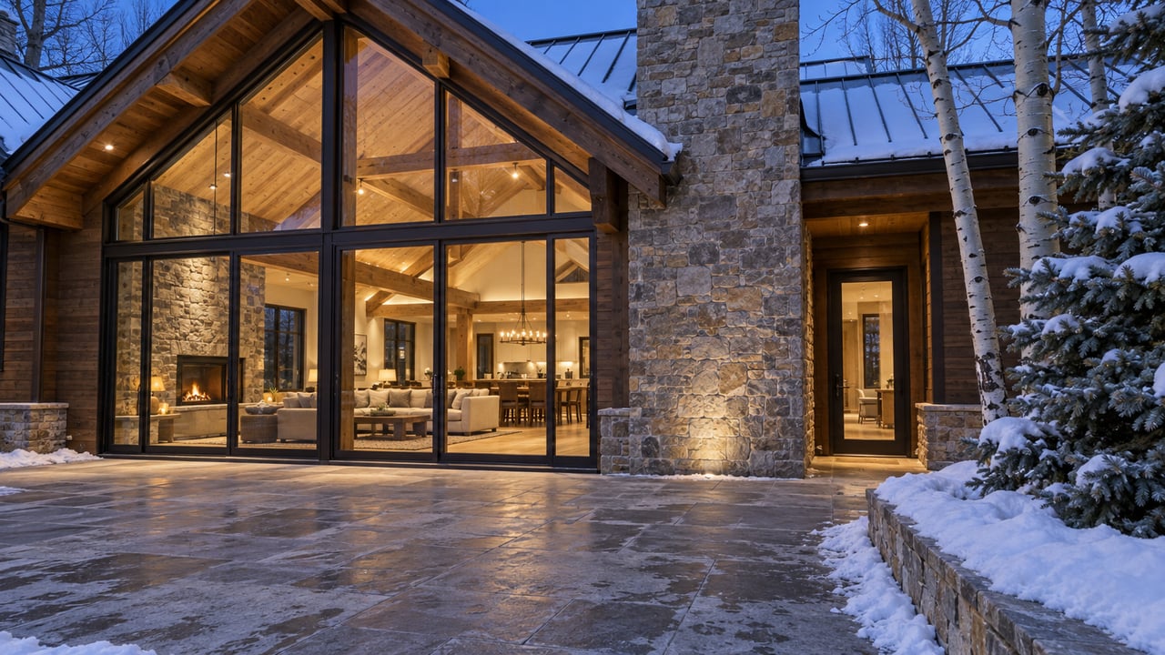 Snow-edged stone terrace beside a timber-clad luxury home with a glazed gable, warm interior and broad stone chimney at dusk.