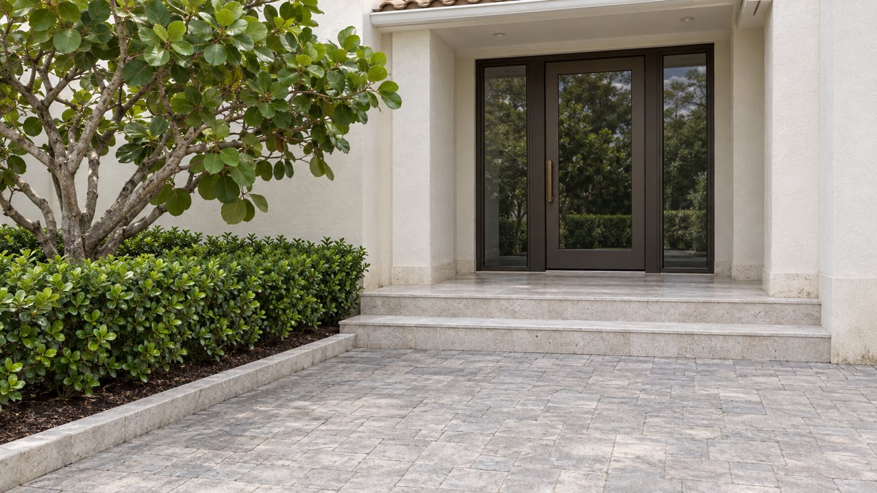 Warm-white stucco entry with a bronze glass door, limestone steps and gray pavers beside sea grape and clipped cocoplum planting.