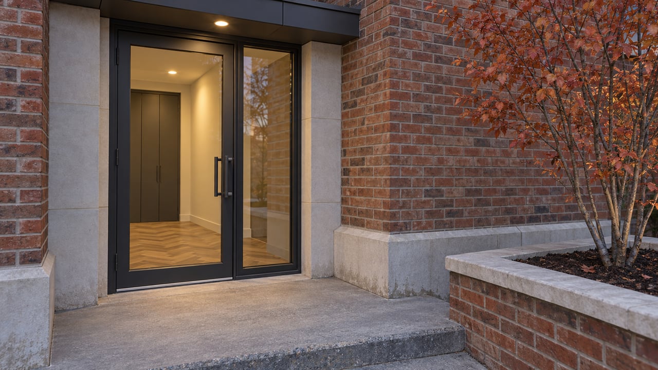 Brick residential entrance with limestone trim, a glazed charcoal door, warm vestibule light, and a copper-leaved serviceberry.