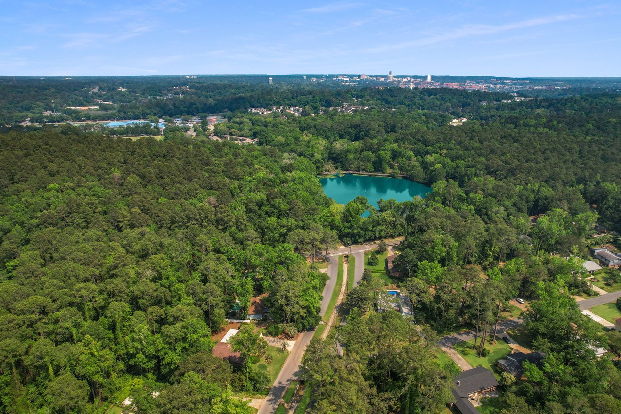 An aerial view of the San Luis community, highlighting a central lake, houses, and tree-lined streets. The area is surrounded by dense greenery.
