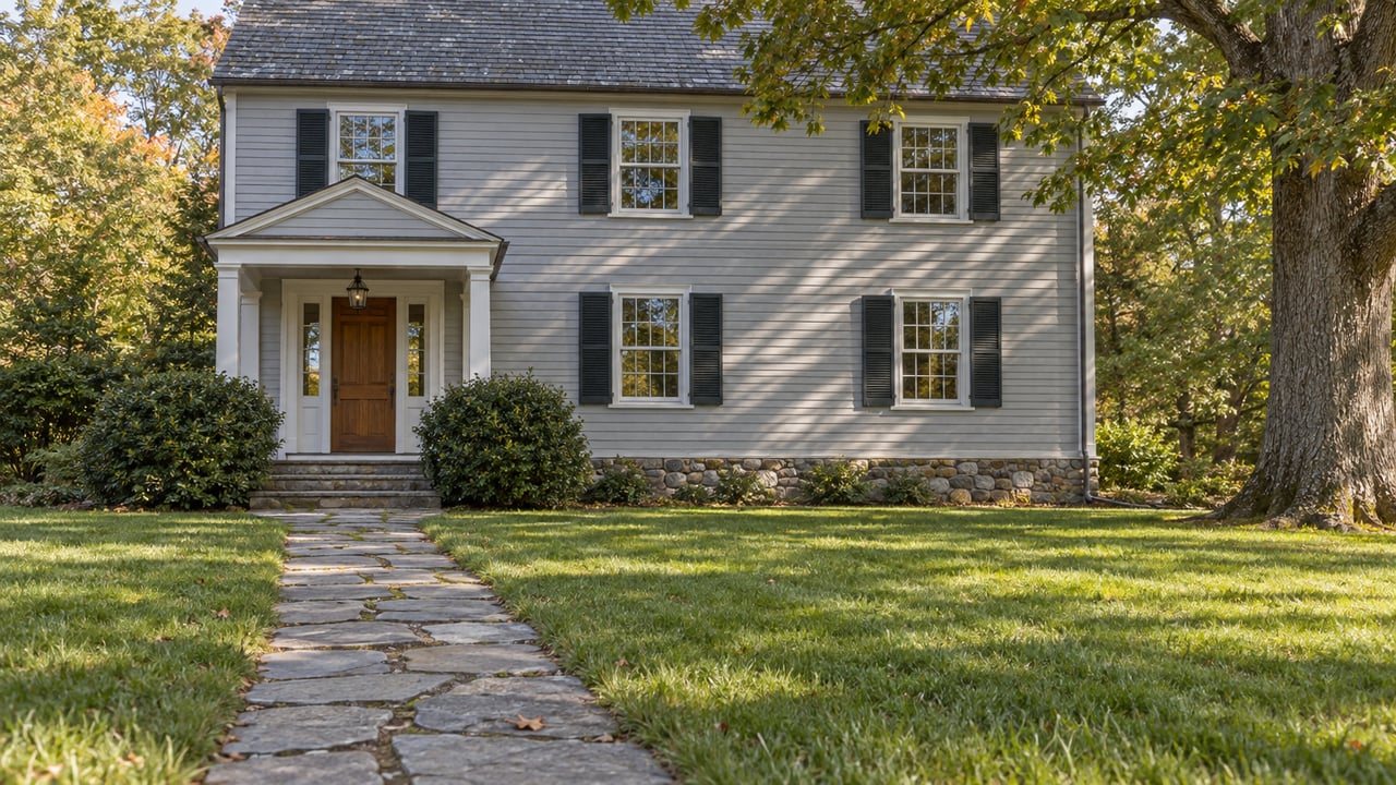 Pale-gray clapboard house with a charcoal slate roof, oak tree, and long bluestone path across a broad lawn.