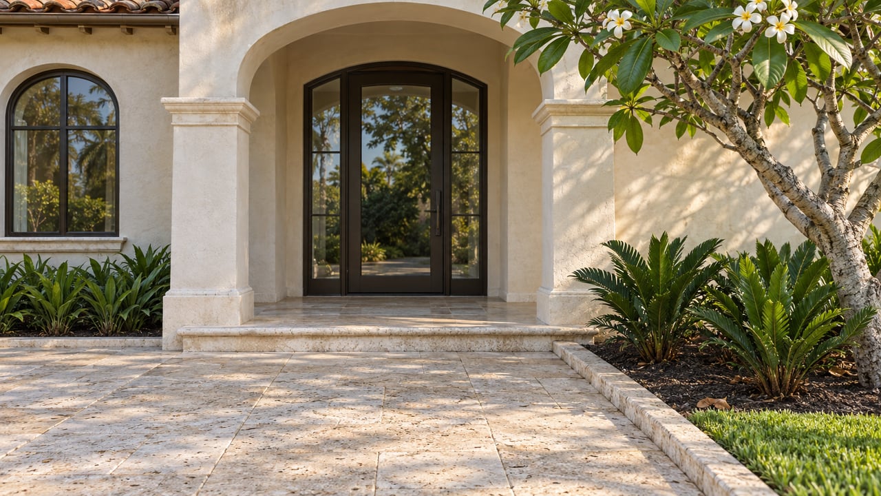 Ivory stucco arched entry with bronze-framed glazing, terracotta roof tiles, limestone paving, and a sculptural flowering tree.