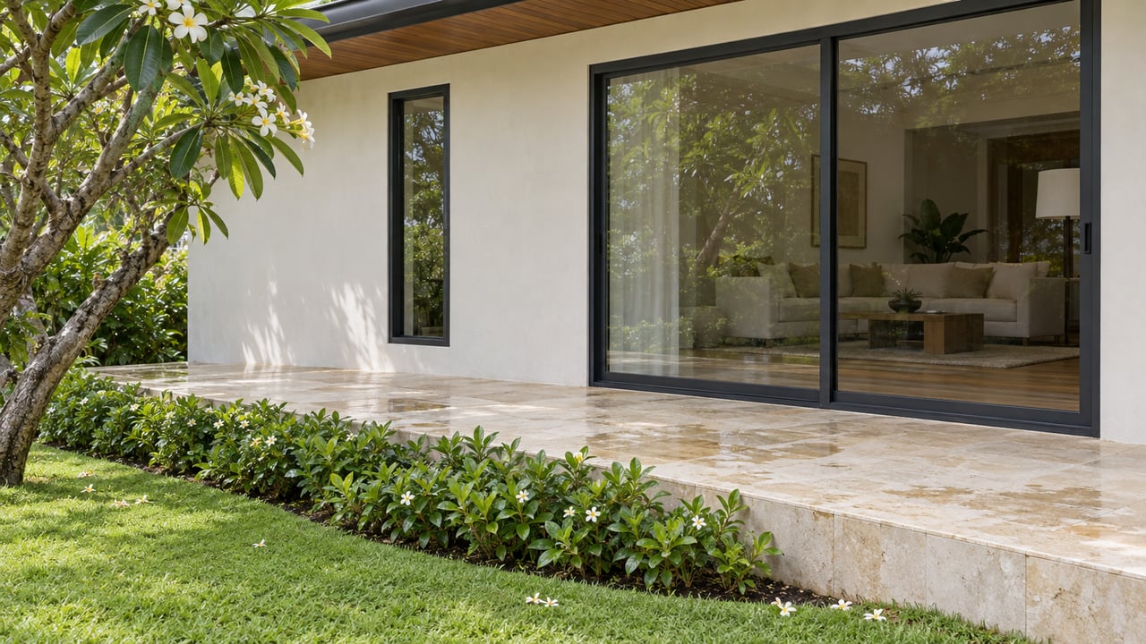 Off-white house facade with glass slider, limestone terrace, plumeria tree, and low garden bed.