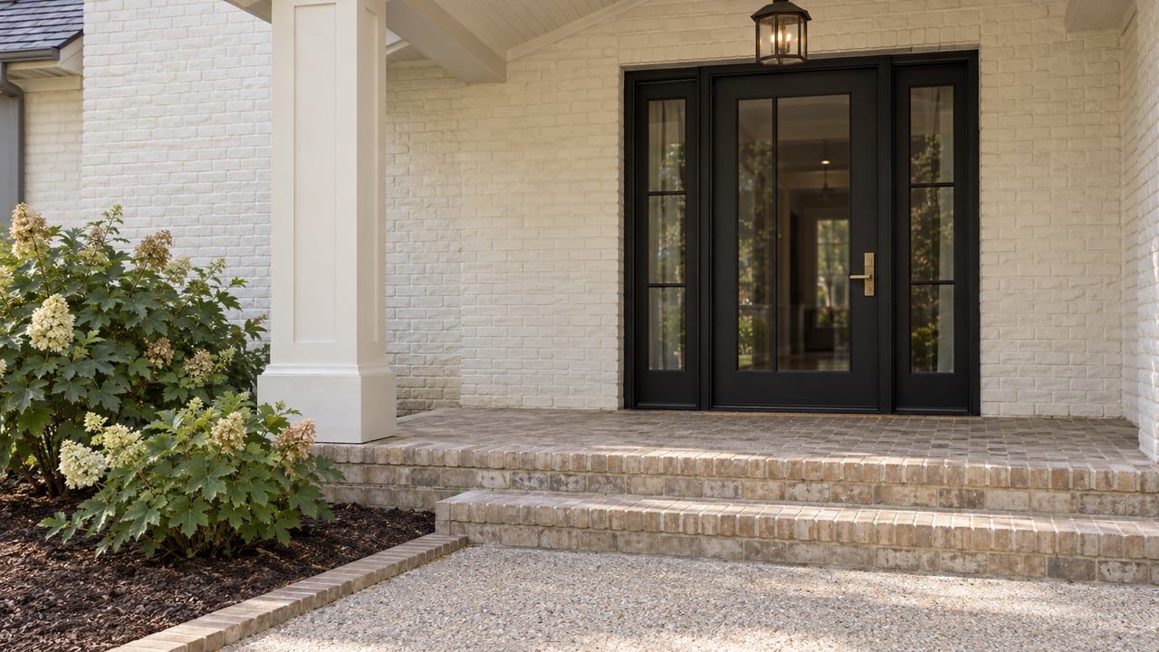 White painted-brick home entry with black-framed glass door and matched sidelights, broad brick steps, and oakleaf hydrangeas beside a bordered concrete approach.