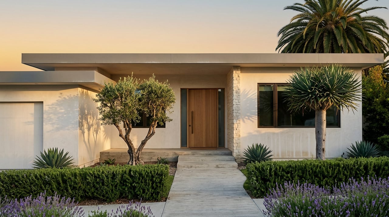 Coastal-contemporary stucco home with cedar entry door, curved concrete path, olive tree, and palm.