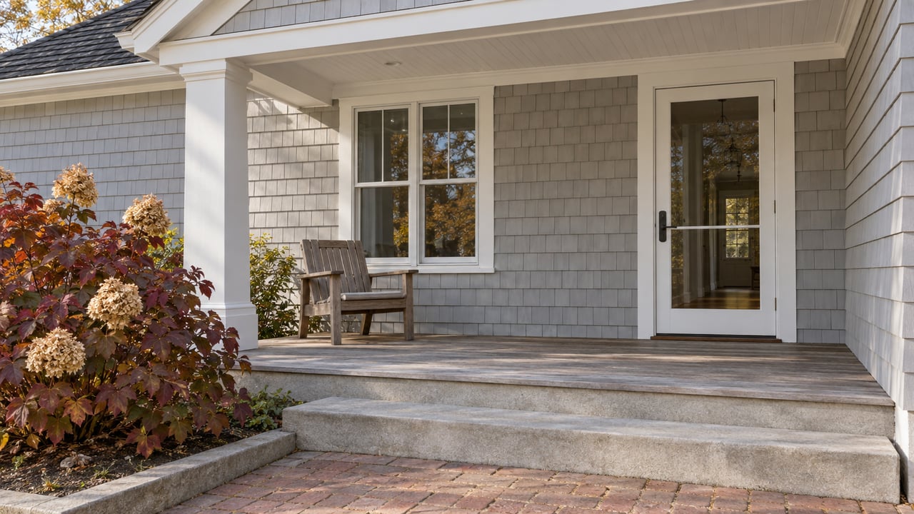 Pale-gray shingle house entry with white trim, weathered cedar porch decking, brick approach and an autumn oakleaf hydrangea.