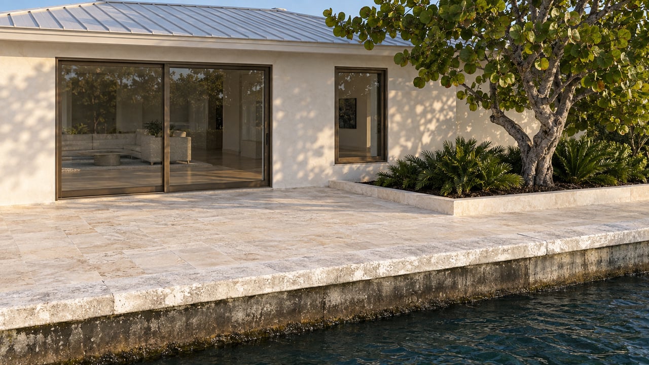 Waterfront residence with a limestone terrace, bronze-framed glass doors, and a leafy tree beside the seawall.