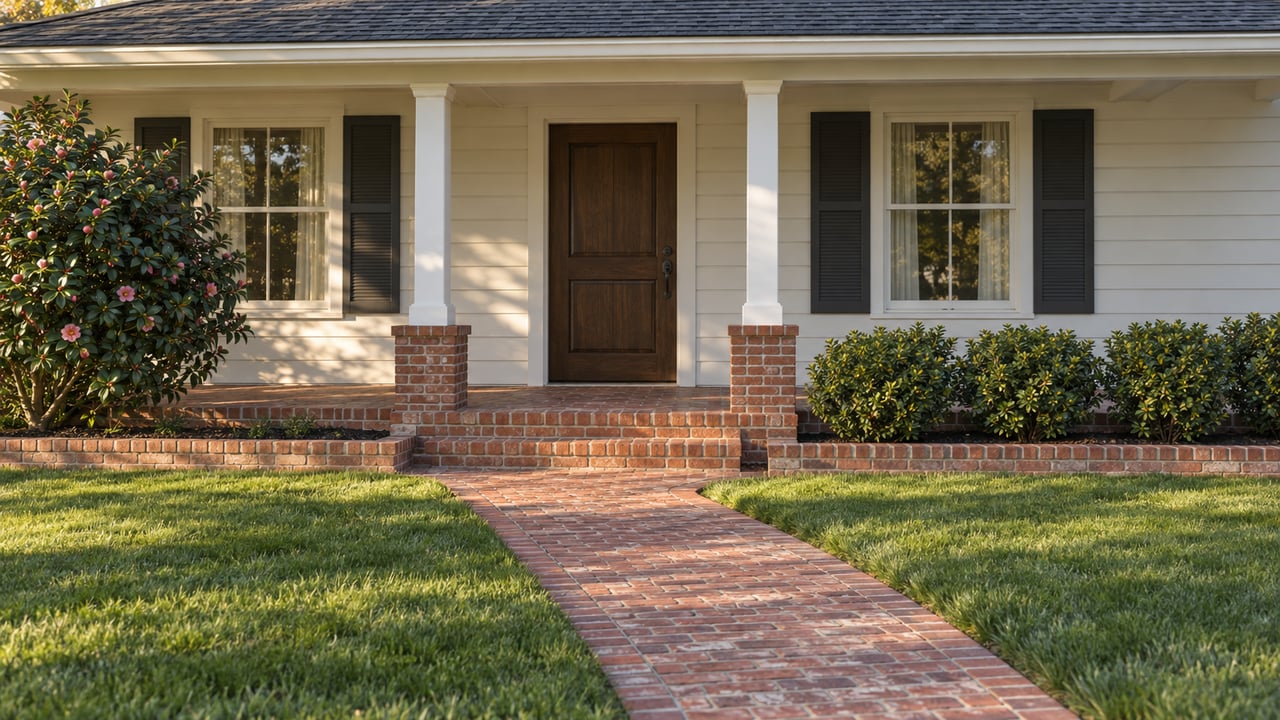 White clapboard home with broad eaves, paired shuttered windows and a brick porch, seen across a green lawn in afternoon light.