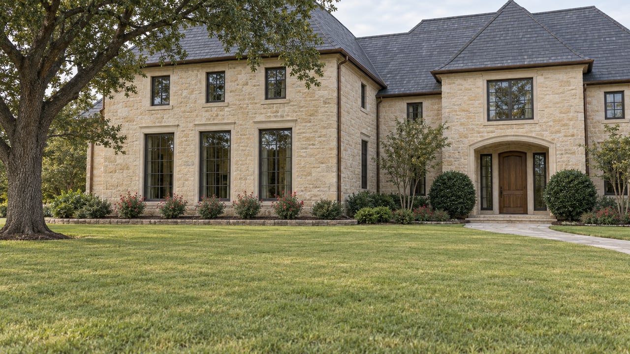 An upscale limestone home with a steep slate roof beyond a broad lawn, an oak tree and a curved stone approach.