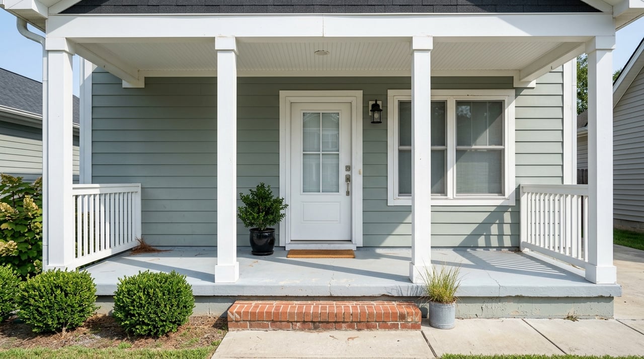 A centered front door across a shallow porch, with siding, brick piers, simple railing, and an approach walk.
