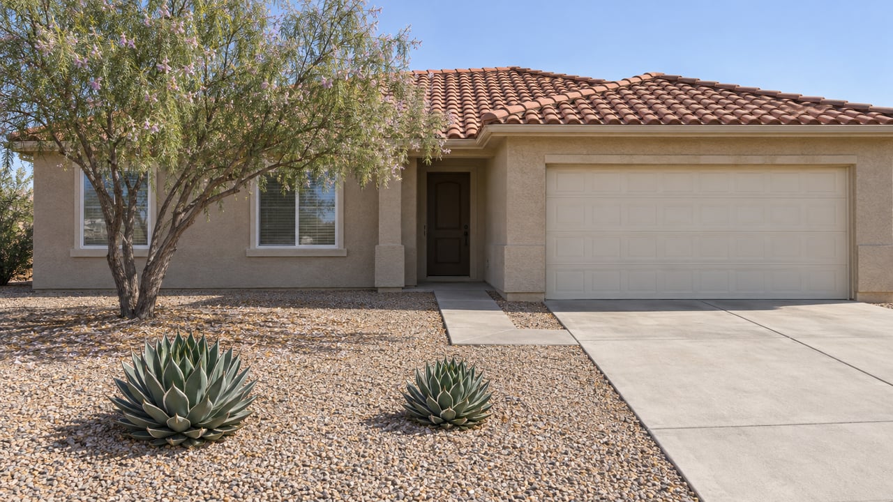 Single-story sandy stucco home with a red tile roof, broad gravel front yard, desert willow and two compact agaves in clear afternoon light.