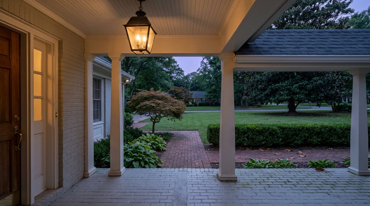 Brick entry frames a dusk view of lawn, clipped hedge, tree canopy, and glowing lantern.