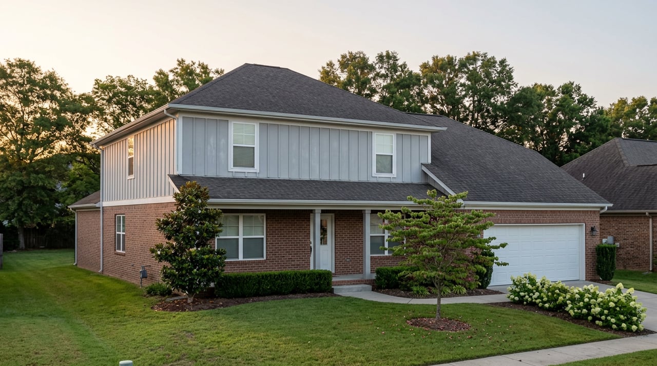 Two-story home with brick lower level, gray siding, covered porch, garage, lawn, and redbud tree.