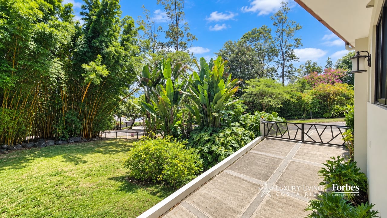 Landscaped garden beside a paved driveway and gate, with tropical plants and lawn.