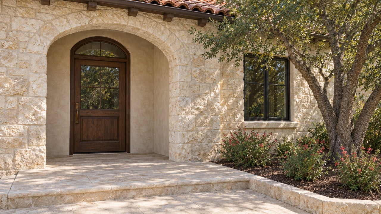 Limestone arched entry with a dark oak door, clay-tile eave and a mature live oak beside a stone landing.