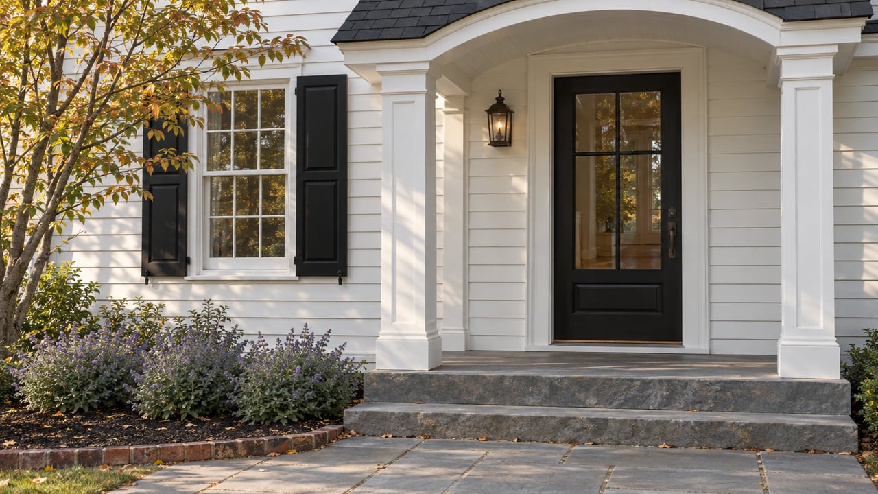 White clapboard house entry with a glazed door, arched porch, bluestone steps, and a small edged planting bed.