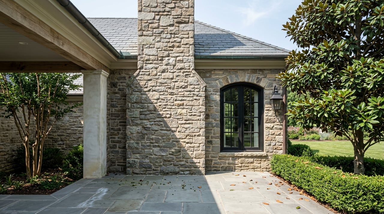 Stone chimney and arched multi-pane window beside a bluestone terrace, with magnolia leaves and a sharp diagonal shadow.