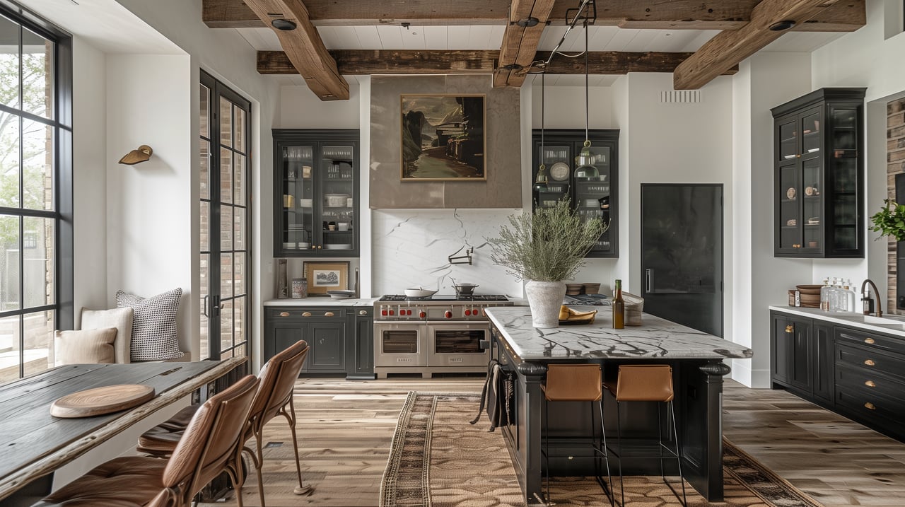 Kitchen with exposed wood beams, dark cabinetry, marble island, and large black-framed windows.