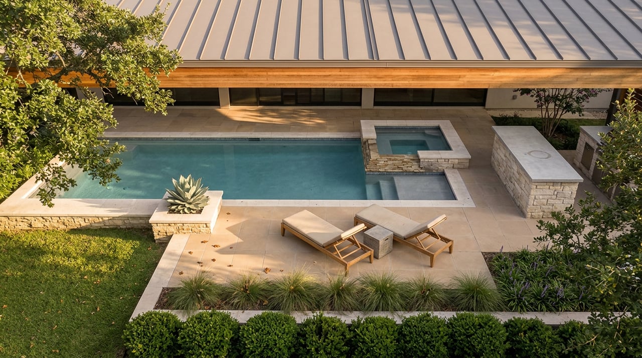 Elevated view of a contemporary terrace with a rectangular pool, raised stone spa, teak loungers, and oak-shaded lawn.