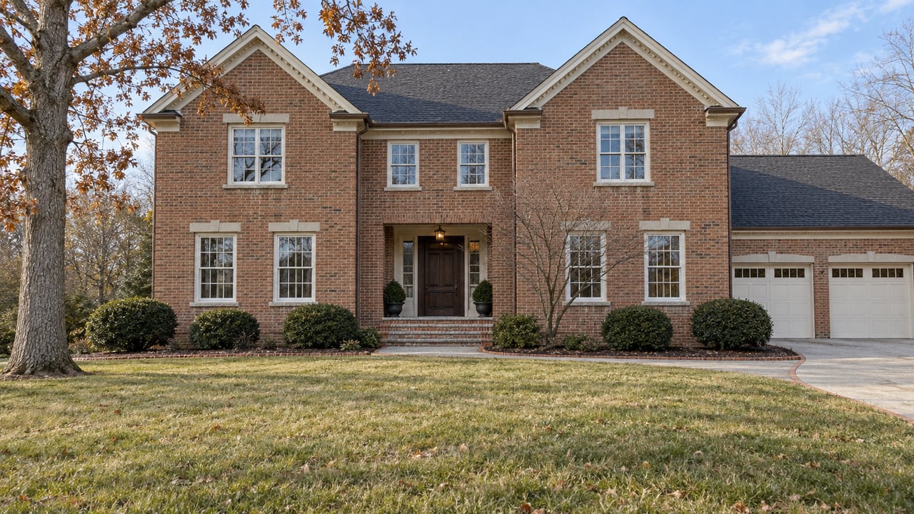A two-story brick home with ivory trim, a broad winter lawn, and mature deciduous trees in clear afternoon light.