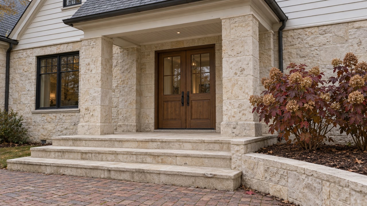 Limestone portico with oak double doors, white siding, brick approach, and burgundy oakleaf hydrangeas in autumn light.