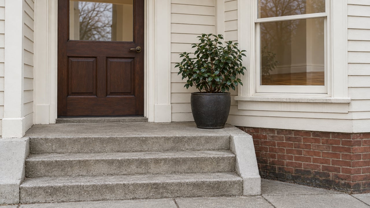 A walnut residential door and painted wood facade above gently worn concrete steps, beside a brick foundation and one potted camellia.