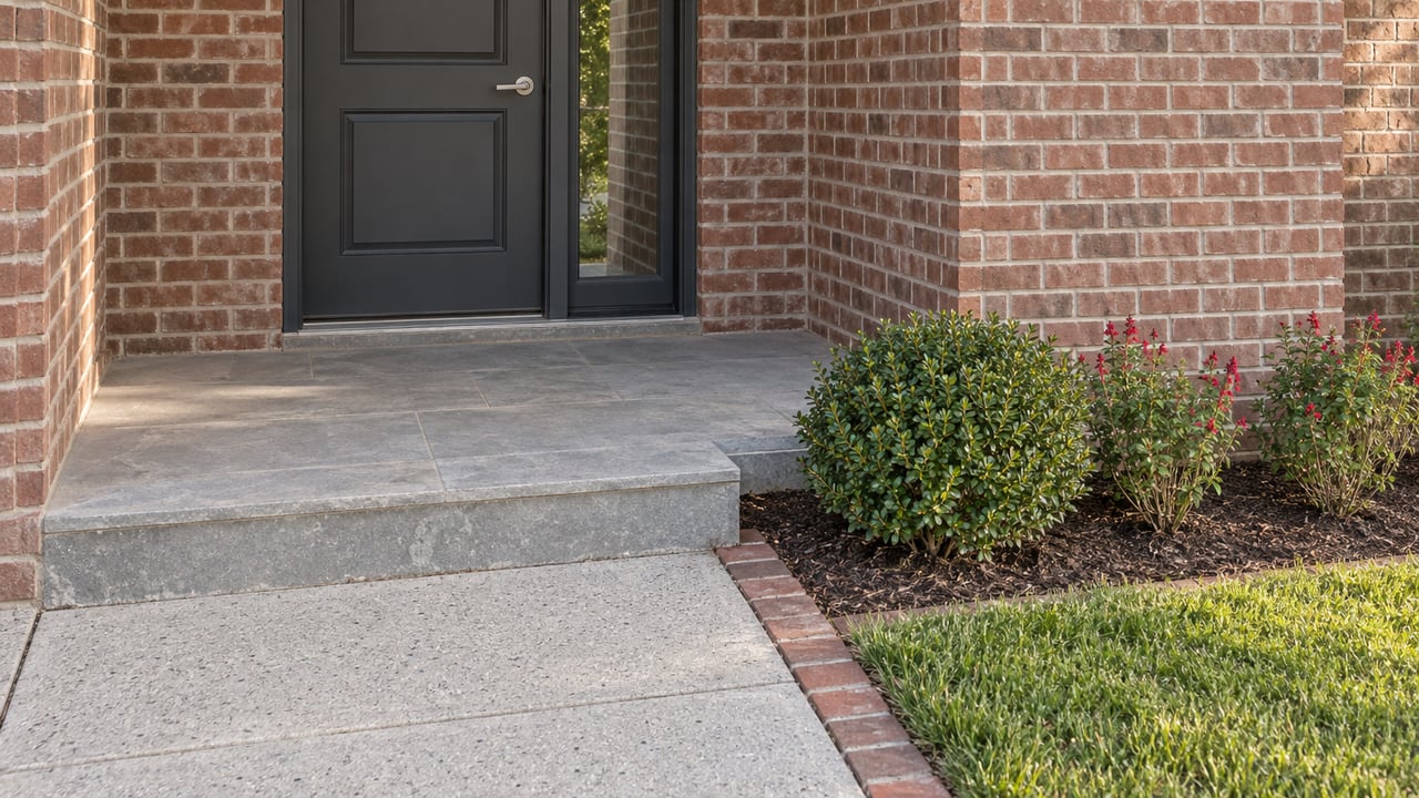 Close view of a brick home's charcoal entry door, limestone porch step, concrete walk and compact flowering garden.