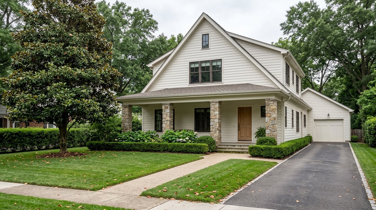 Buff brick and white-sided suburban home with a stone-columned porch, magnolia tree, clipped hedges, and broad lawn.