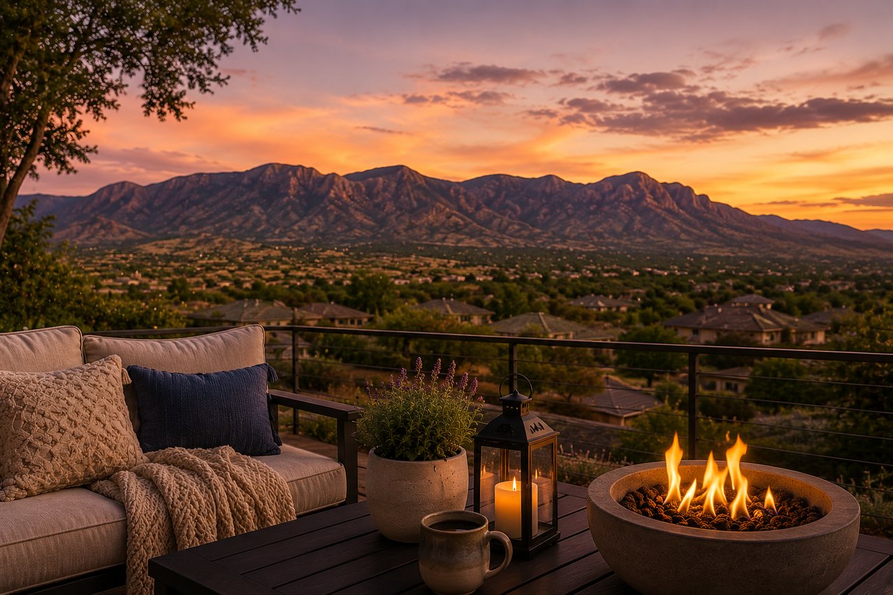 Patio with fire pit overlooking the Mingus Mountain range at sunset in Prescott, Arizona.