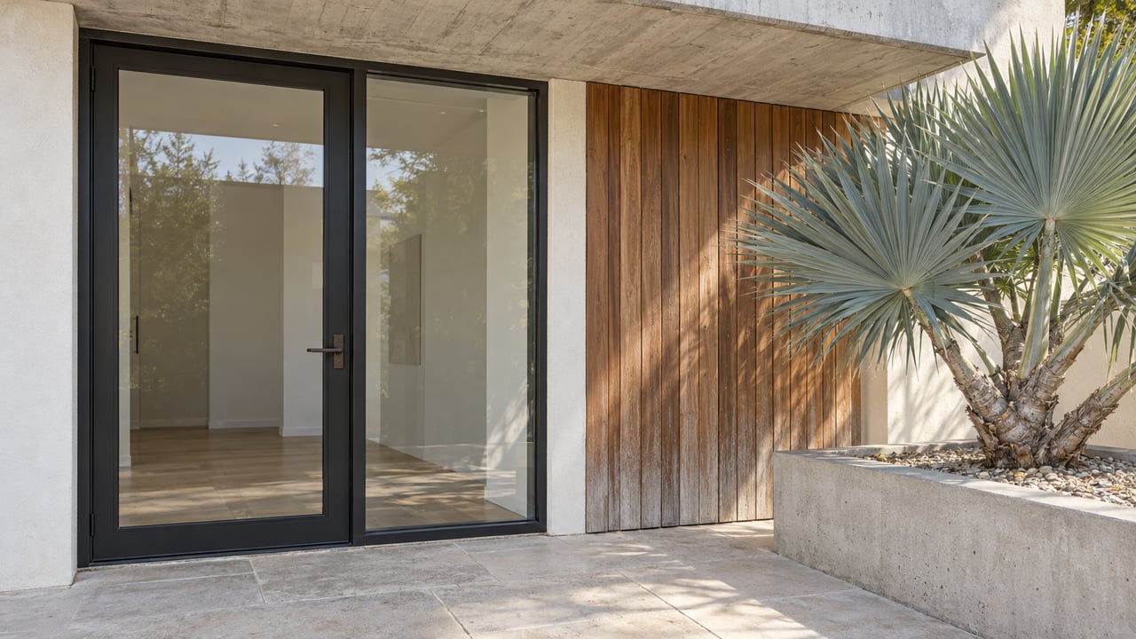 Contemporary glazed home entrance under a concrete overhang, with weathered cedar, limestone paving and a sculptural fan aloe in a raised planter.