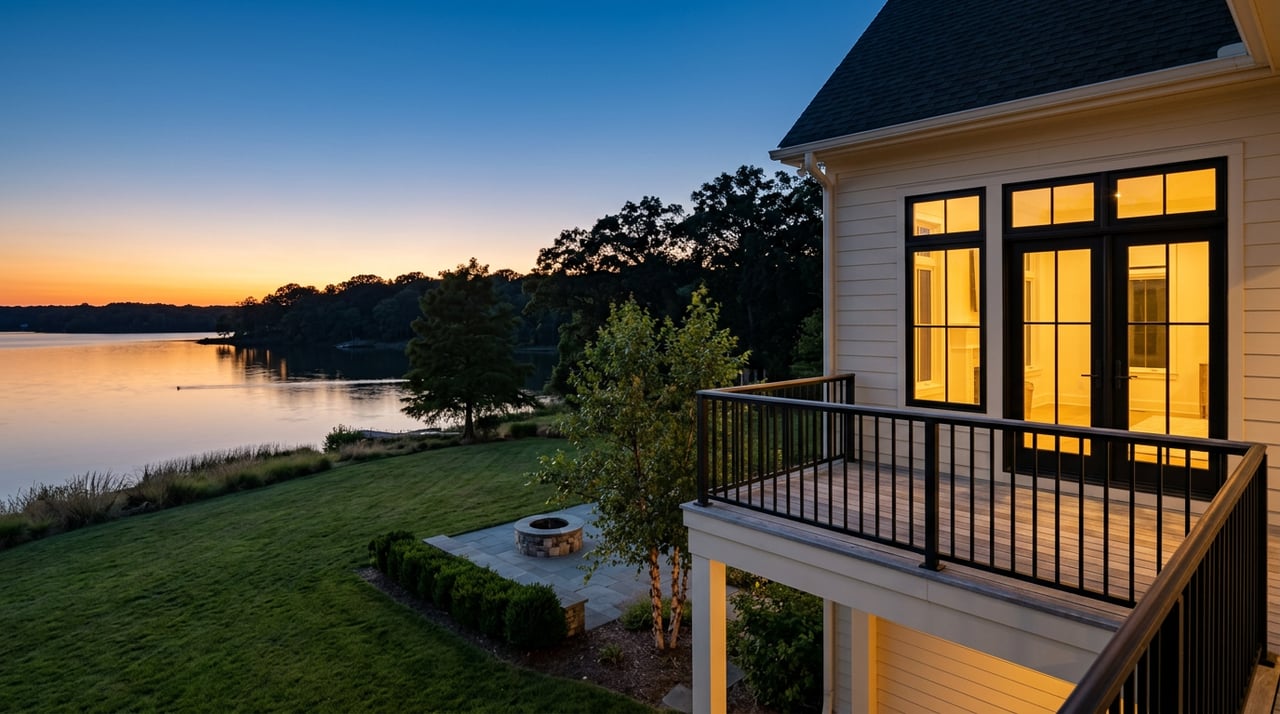 Lakefront home’s glowing windows overlook a cedar deck, sloped lawn, stone patio, and still cove at dusk.