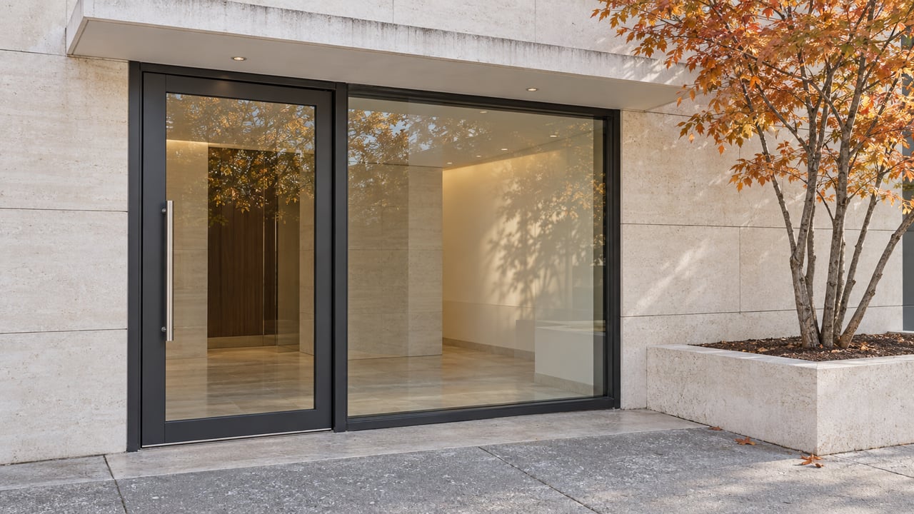 Light limestone condominium entrance with a glass door, shallow white canopy and copper-leaved serviceberry in a raised stone planter.