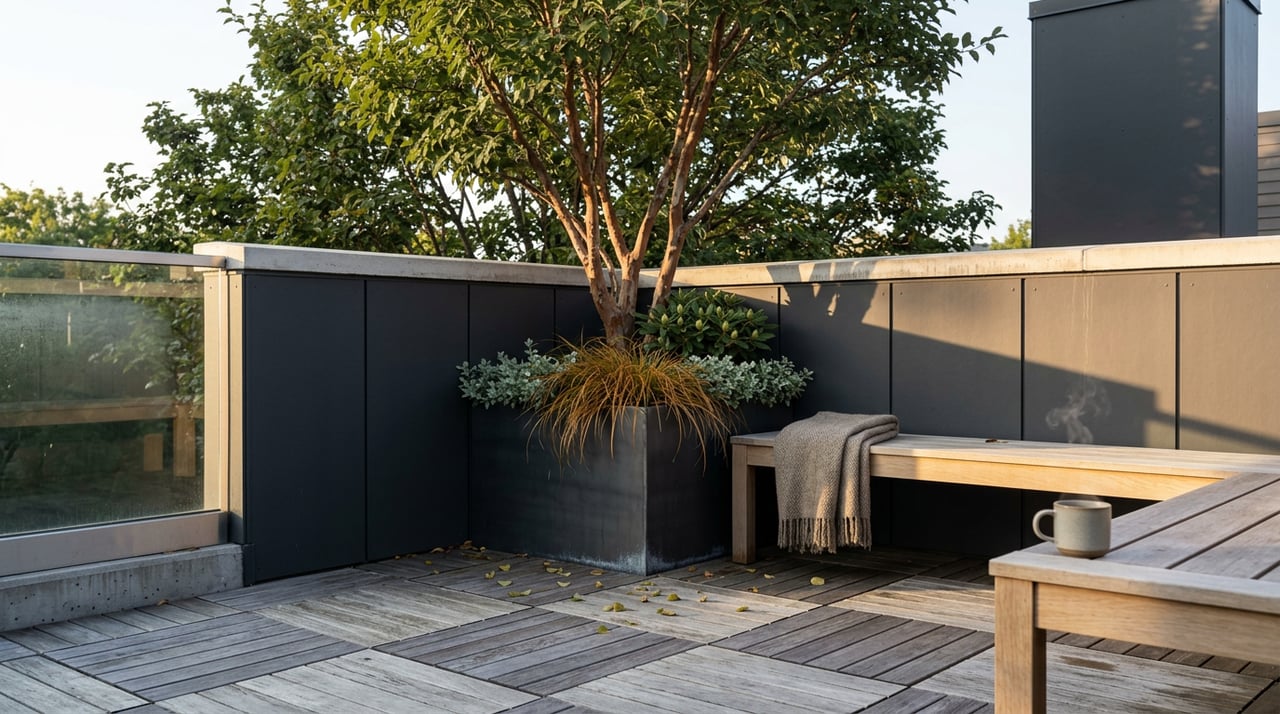Rooftop terrace with an oak bench, steaming mug, and a multi-stemmed tree spilling over the parapet.