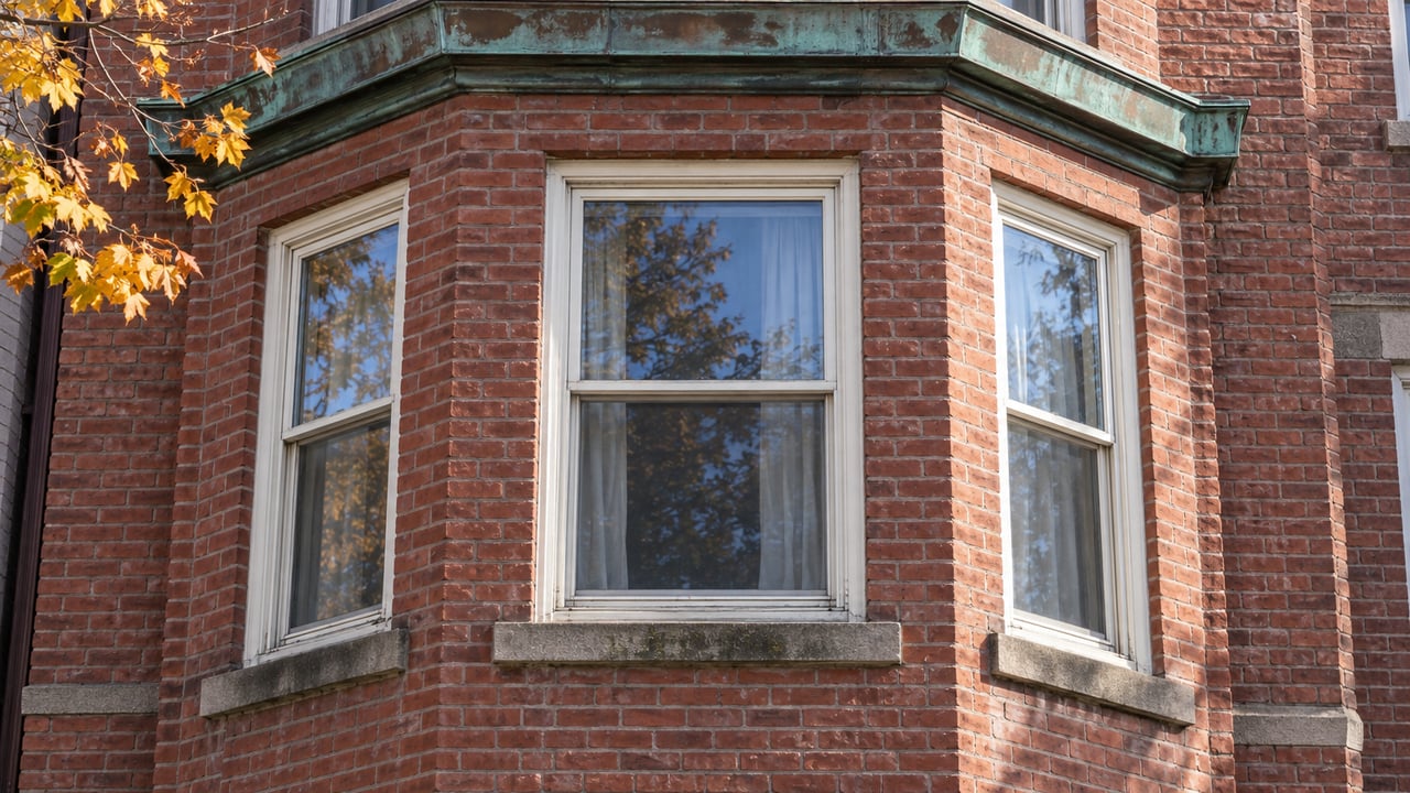 Close view of tall sash windows in a red brick bay, with a patinated copper cornice and yellow-orange maple leaves.