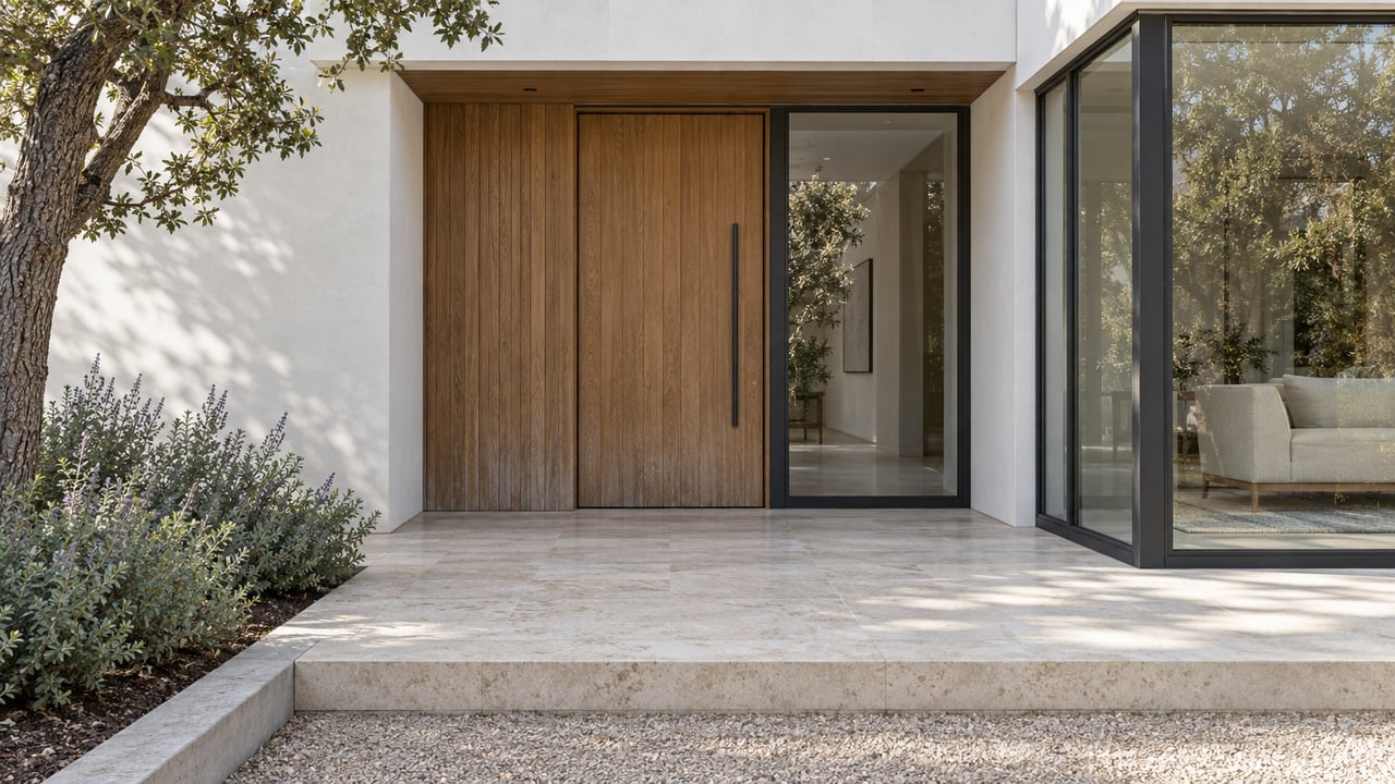 Close view of a contemporary home's wood entry, charcoal-framed glass, and pale stone landing beside two blue-green sage shrubs.