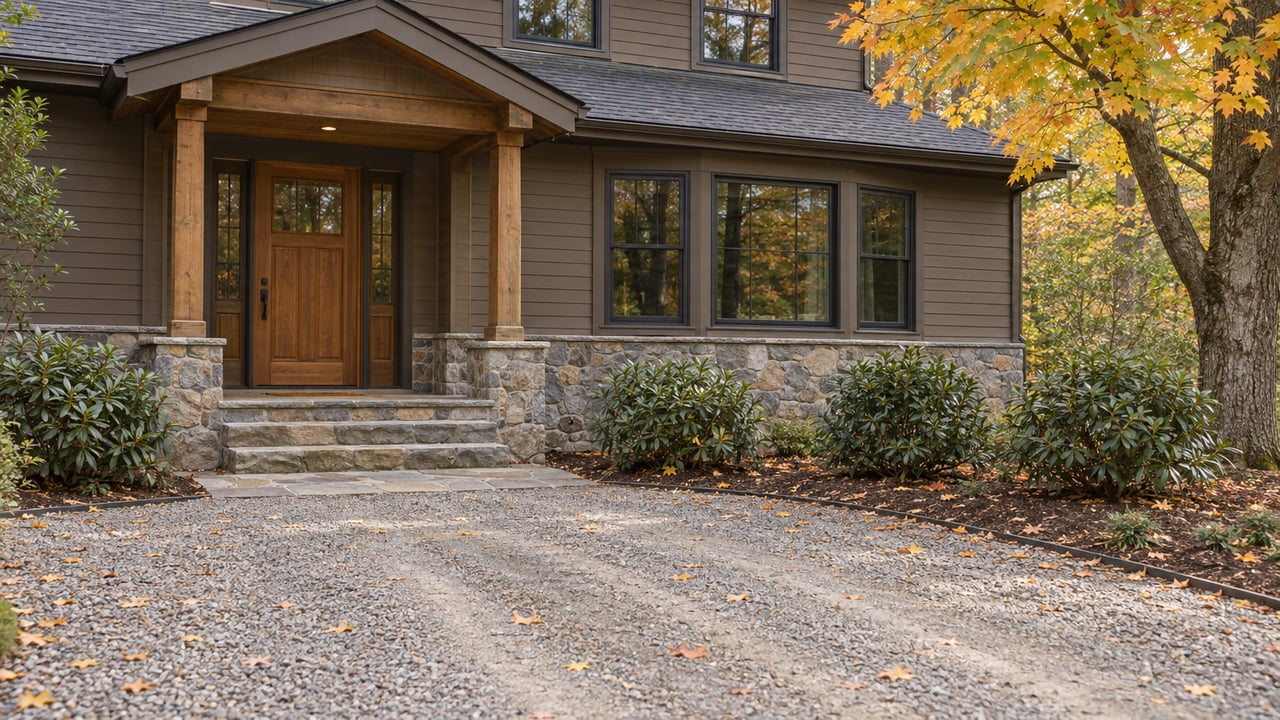 Wooded-lot home with brown siding, sandstone steps and a cedar porch beside autumn sugar maple foliage.