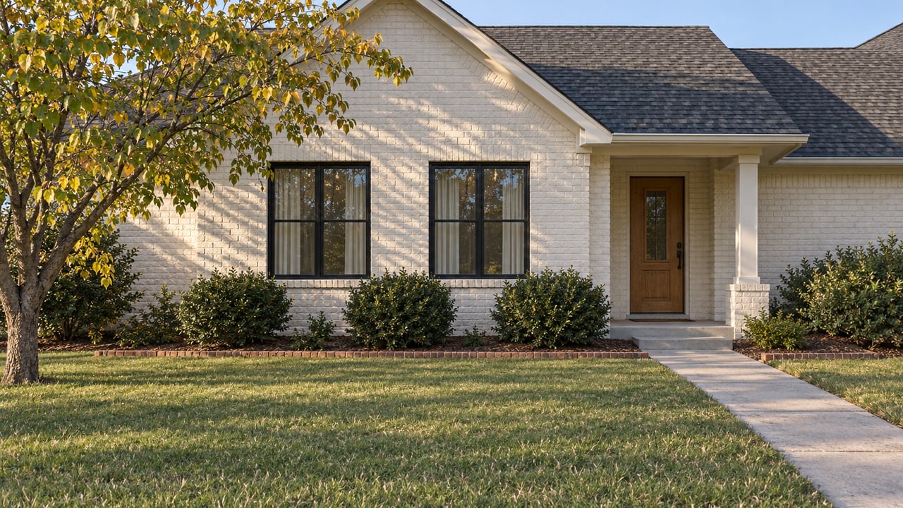 Painted-brick single-story house with a steep charcoal gable, black-framed windows, recessed oak front door and a deep lawn in afternoon sunlight.