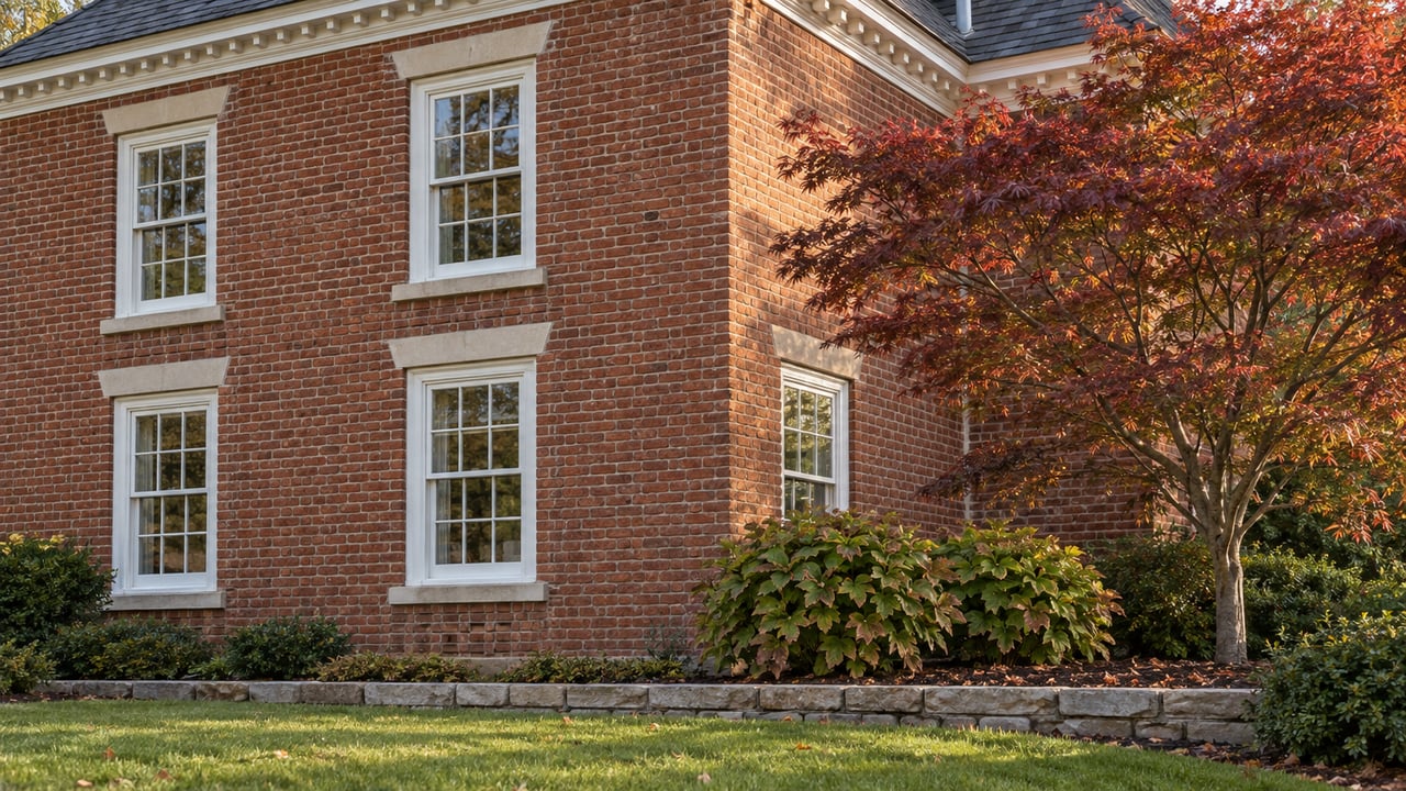 Brick Colonial corner with white sash windows, slate roof, Japanese maple, and clipped lawn.