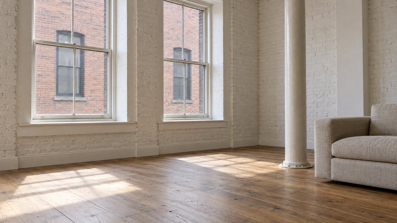 Tall white timber sash windows illuminate whitewashed brick, warm oak floors and the edge of a linen sofa in a high-ceilinged loft.