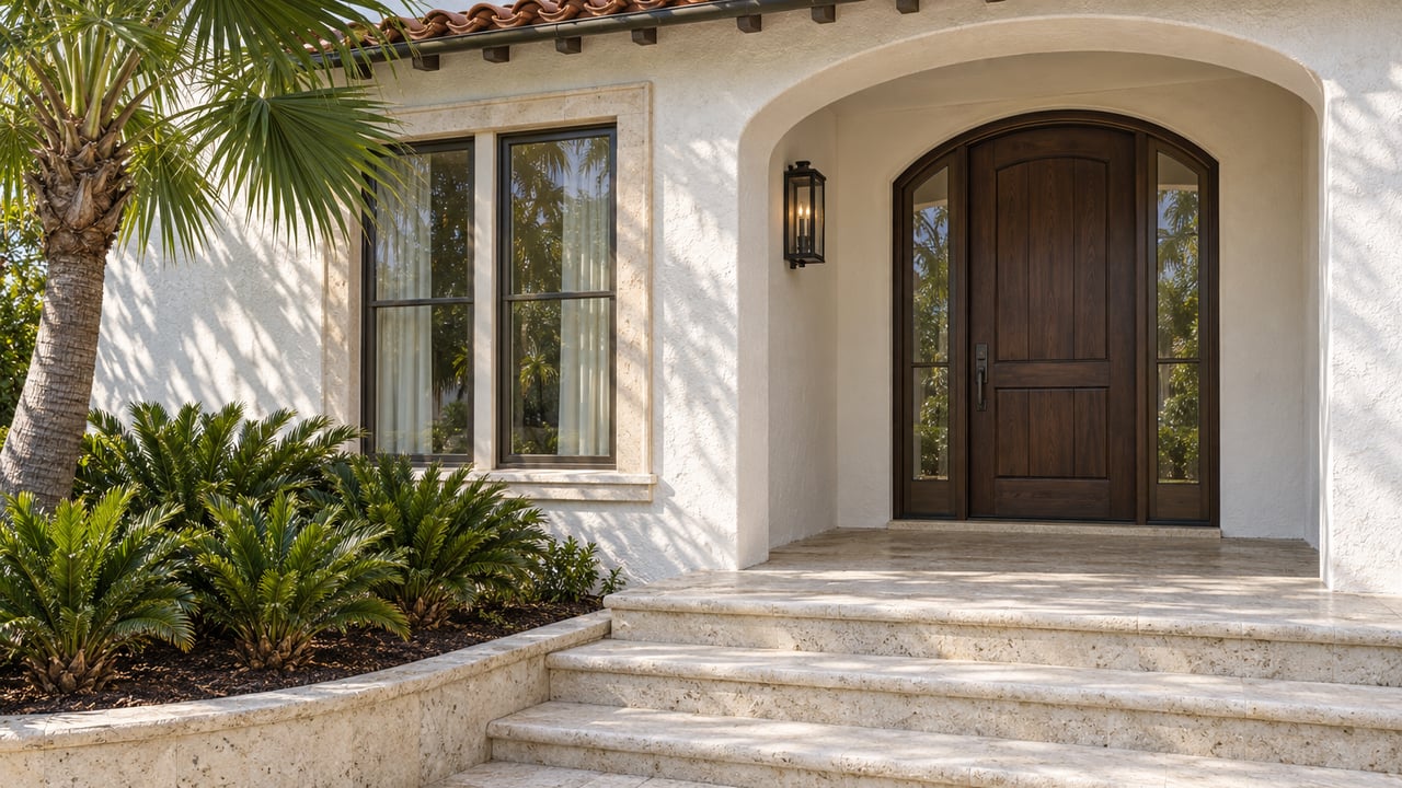 Sunlit white stucco villa entrance with a recessed timber door, limestone steps and a sculptural fan palm.