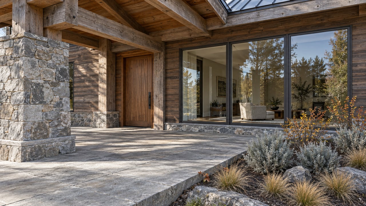 Autumn light crosses a weathered timber entry terrace with gray stone paving, bronze-framed windows and silver sagebrush below a stone step.