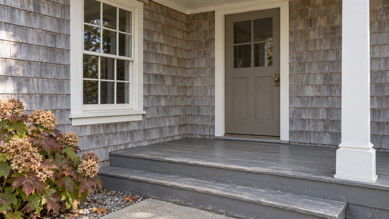 Weathered cedar-shingle entry with divided-light window, taupe door, gray porch steps and autumn oakleaf hydrangea.