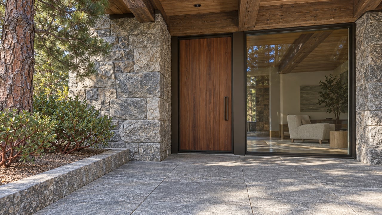 Timber and granite home entry with a cedar door, bronze-framed window and stone terrace beside Jeffrey pine and greenleaf manzanita.