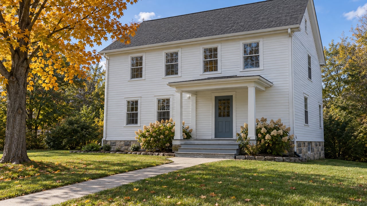 White clapboard home with a small covered porch, deep front lawn and a sugar maple turning yellow in clear daylight.