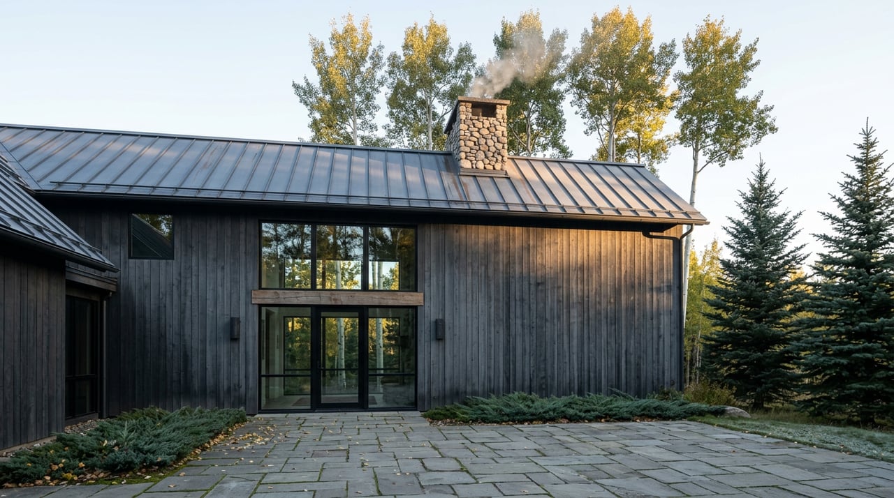 Mountain home with siding, stone chimney, glazed entry, golden aspens, and a flagstone court.