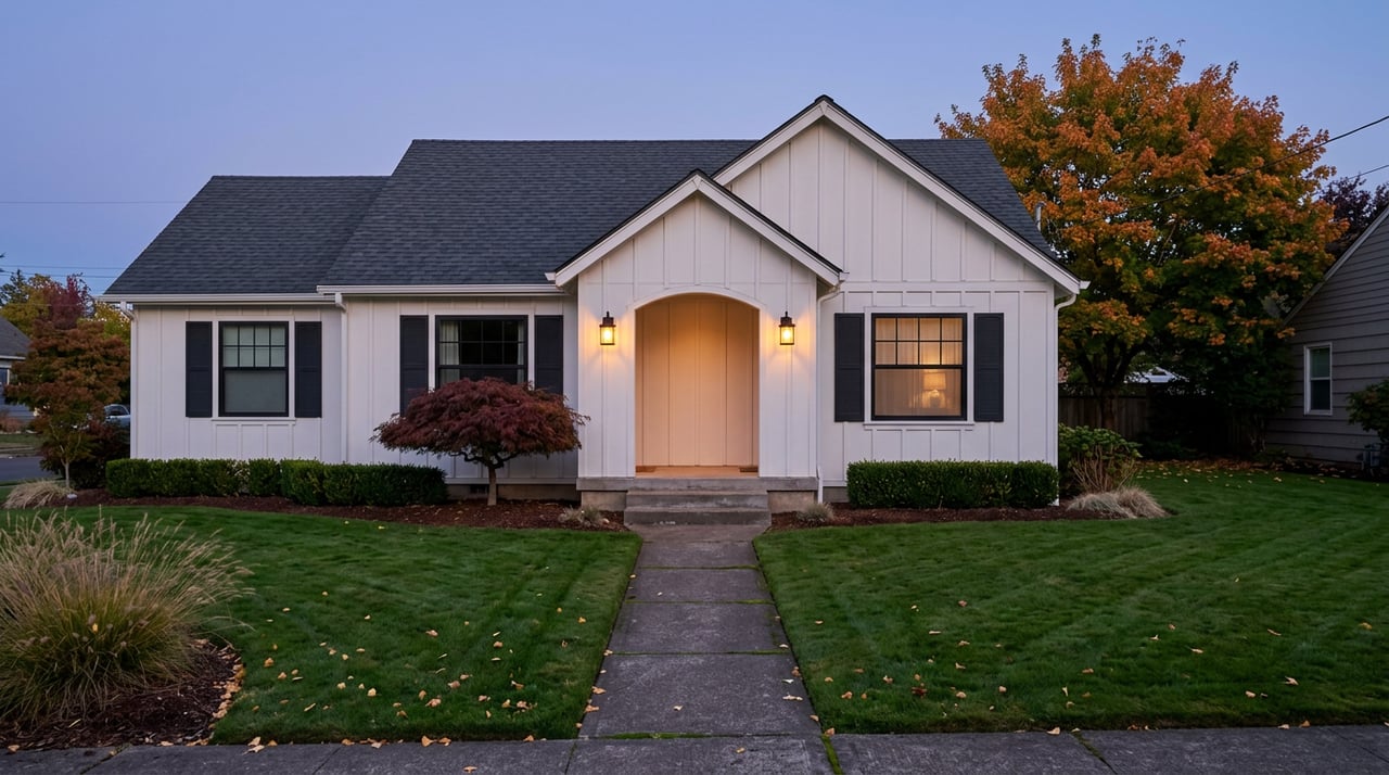 Updated-traditional home at dusk, with amber porch lanterns, a burgundy Japanese maple, and scattered ginkgo leaves on the lawn.