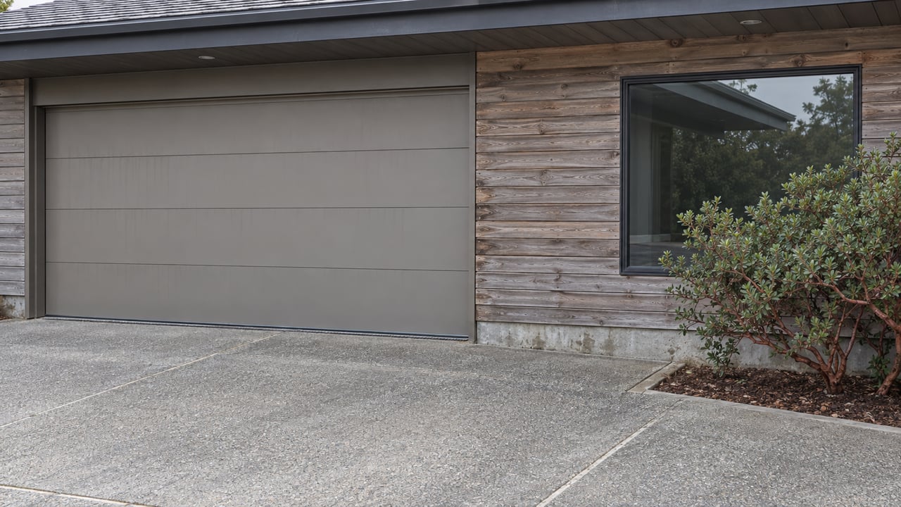 Compact house facade with a gray garage door, weathered cedar siding, dark window, and a small shrub.