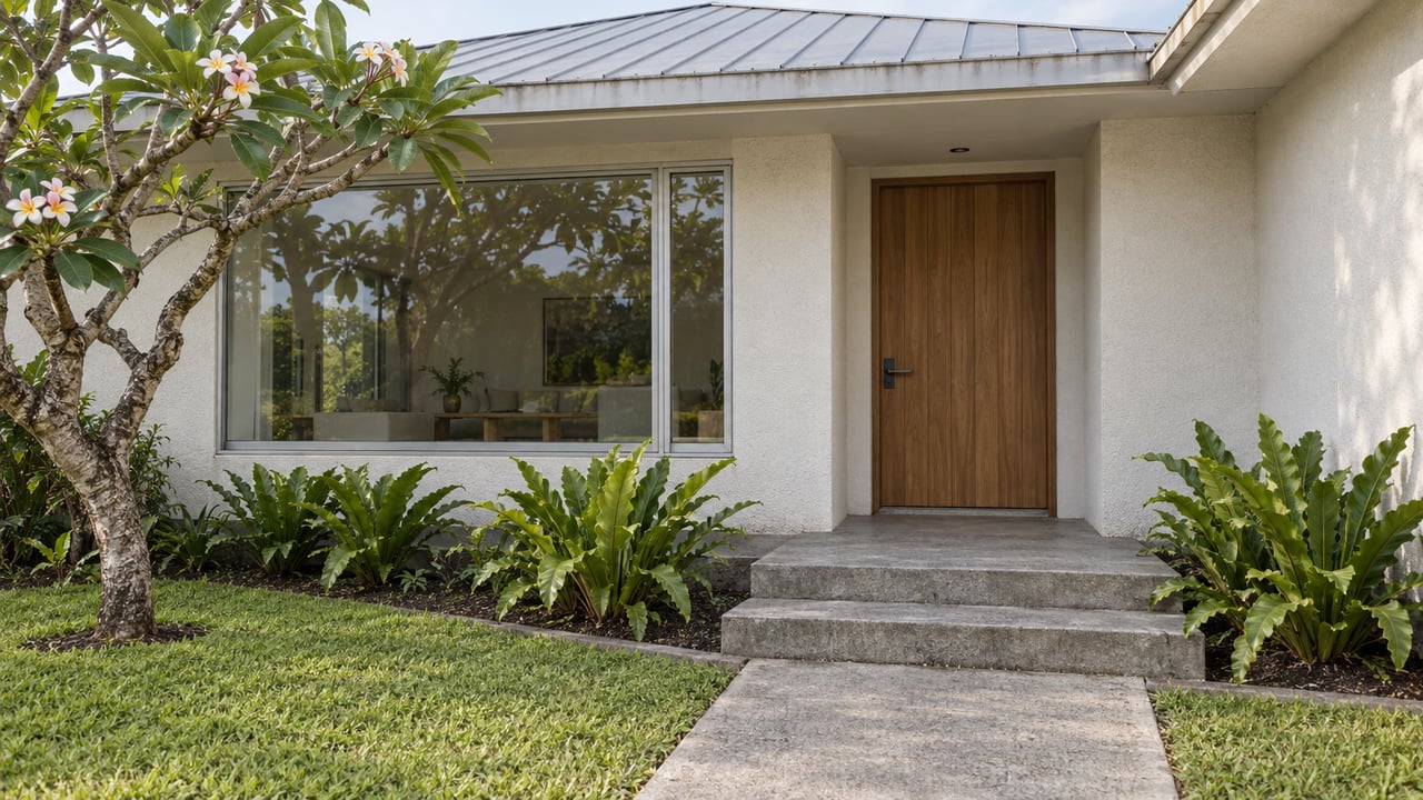 A modest contemporary home with a shaded timber entry, broad window, concrete steps, and a sculptural flowering tree in the front yard.