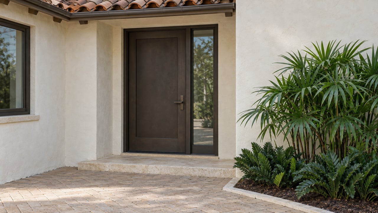 Recessed bronze front door with a narrow sidelight, terracotta eave, limestone step, and potted tropical planting.
